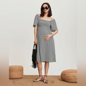 RW&CO Gingham Jersey Smocked Short Sleeve Midi Dress - Thyme Maternity